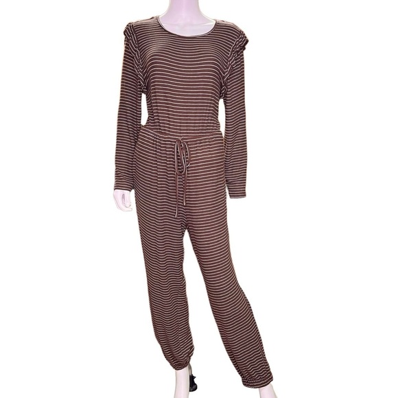 Hayden Striped Brown/white Long Sleeve Jogger‎ Jumpsuit Womens Size M - Picture 1 of 9